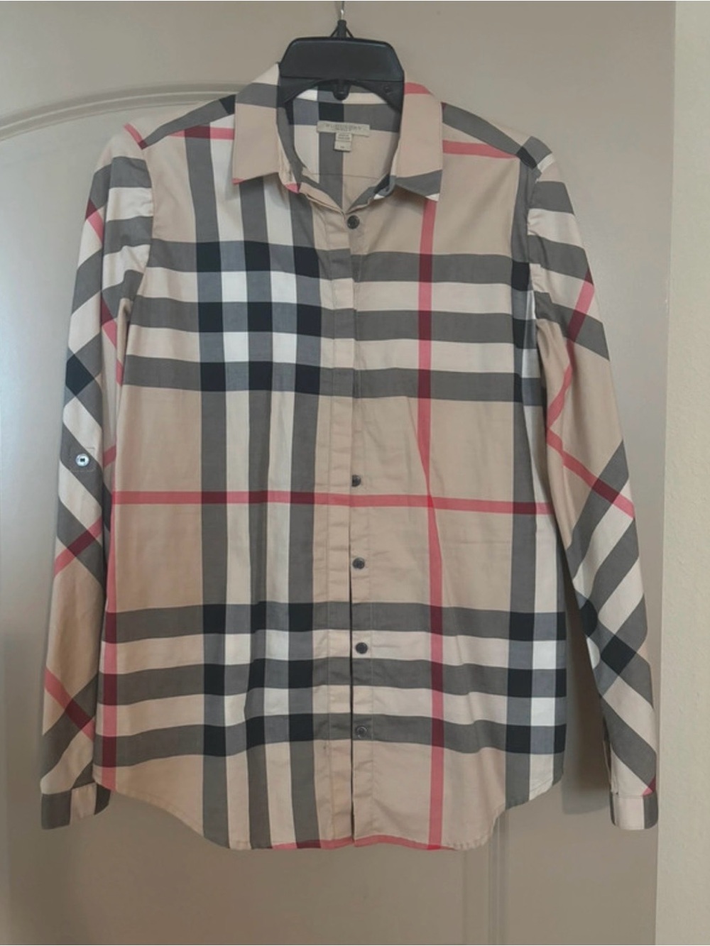 Burberry Beige Plaid Button-Down Shirt with Black and Pink Stripes